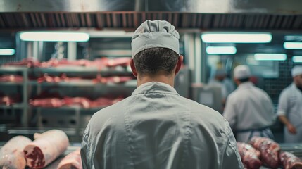 A chef stands in front of a meat counter, wearing a white hat and a mask. The scene is set in a restaurant kitchen, with various meats on display. The chef appears to be focused on his work