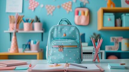 A blue polka-dot backpack sits on a neat desk surrounded by colorful school supplies in a fun classroom.