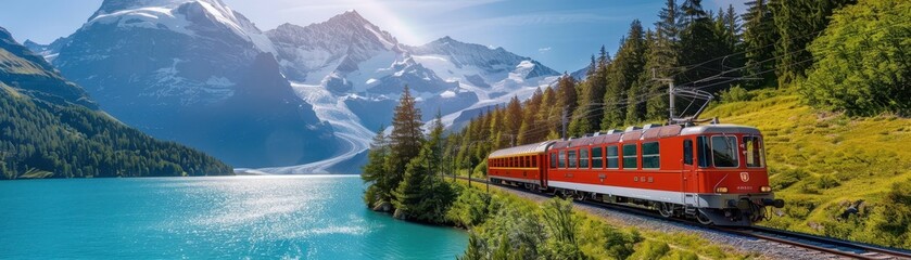 Obraz premium A train is traveling through a beautiful mountain landscape with a blue lake in the background. The train is red and white, and it is moving along the tracks. The scene is peaceful and serene