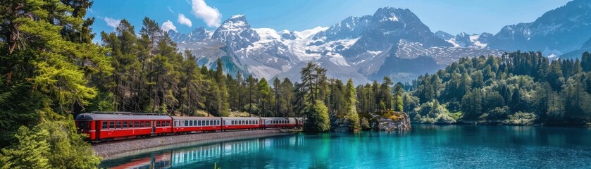Obraz premium A train is traveling through a beautiful mountain landscape with a blue lake in the background. The train is red and white, and it is moving along the tracks. The scene is peaceful and serene