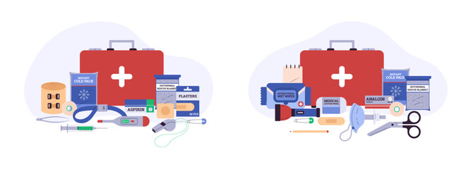 Fototapeta premium Vector set of two illustrations of a first aid kit with medicines.