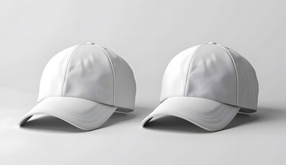 White baseball cap mockup template on white background, front and back view with empty space for design or print, isolated mock up of hat.