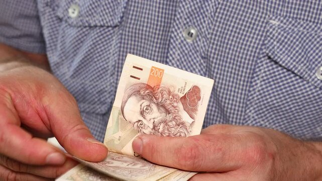 Czech Republic Counting Money, Financial Concept, Czech Korun in Hand