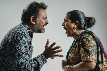Married indian couple having quarrel, yelling at each other and gesturing, furious man shouting at his wife or breaking up ready for divorce, Generative AI