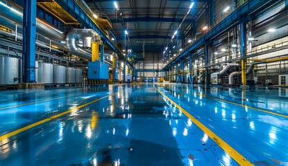 Obraz premium Industrial factory interior, showcasing the vibrant blue floor and metallic structures with pipes and machinery. 