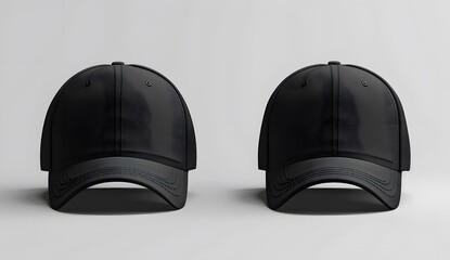 Fototapeta premium Black baseball cap mockup template on a white background, showing the front and back views. 