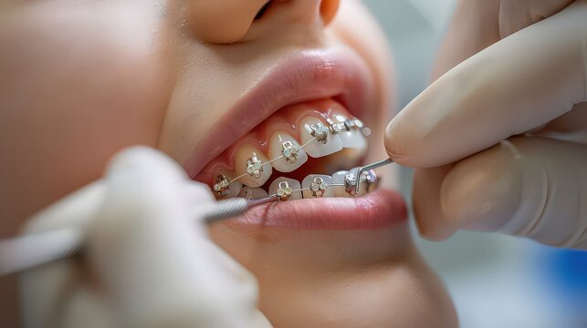 scene of a child getting their braces adjusted at the orthodontist, with a focus on the process and the positive, reassuring interaction between the child and the orthodontist.