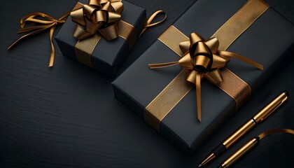 Luxury black gift boxes with golden ribbon and pen on dark background, closeup. Luxury concept for Christmas or birthday present mock up, copy space.