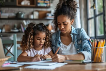 Caring young mom and her daughter sitting at table at home and making homework assignment together, tutor and girl child study learn do home task, Generative AI