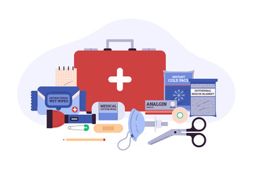 Vector illustration representing a first aid kit filled with medicines.