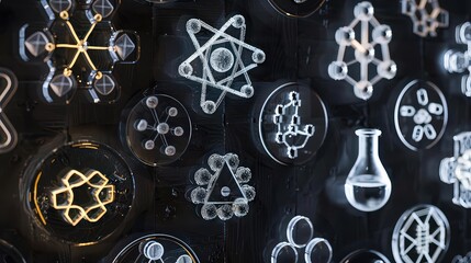  artistic arrangement where chemistry element signs are used to create intricate patterns or designs, combining science with creative expression.