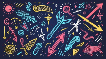 Obraz premium Cute and expressive hand-drawn doodles including arrows, sparkles, and emphasis marks, capturing the playful essence of anime and cartoon-style illustrations for creative and decorative purposes.