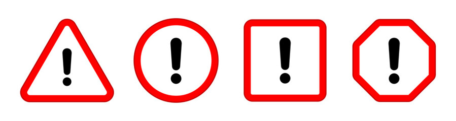 Hazard symbol in red and black color with exclamation symbol in different shapes stroke style. Caution symbols set with exclamation mark in various shapes. Danger warning icon set.