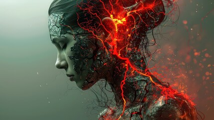 Fototapeta premium striking digital artwork of a woman with cracks in her skin, through which glowing lava-like veins are visible, blending organic and volcanic elements in a surreal, science fiction style.