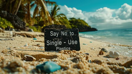 An engaging campaign sign promoting the reduction of single-use plastics, featuring creative graphics and slogans like "Say No to Single-Use Plastics.