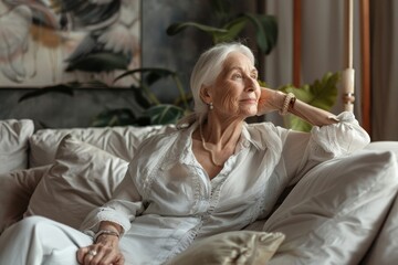 Obraz premium Portrait of happy senior woman relaxing on comfortable couch at home in living room and looking away at free space, enjoying domestic pastime, Generative AI