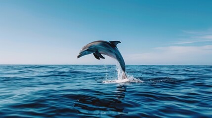 Fototapeta premium A dolphin leaps out of the water, creating a splash. The scene is serene and peaceful, with the dolphin's graceful movement and the calm ocean waters