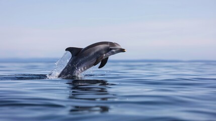 Fototapeta premium A dolphin leaps out of the water, its body arched and its tail flapping. The scene is serene and peaceful, with the dolphin's graceful movements creating a sense of freedom and joy