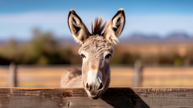 A donkey is looking at the camera with its ears up. The scene is set in a field with a wooden fence in the background