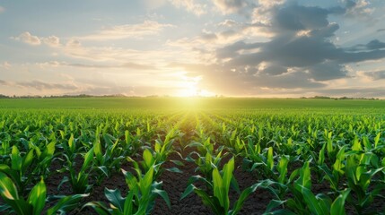 A field of corn is shown in the foreground with a bright sun in the background. The sun is shining on the corn, making it look very green and healthy. The sky is cloudy, but the sun is still visible
