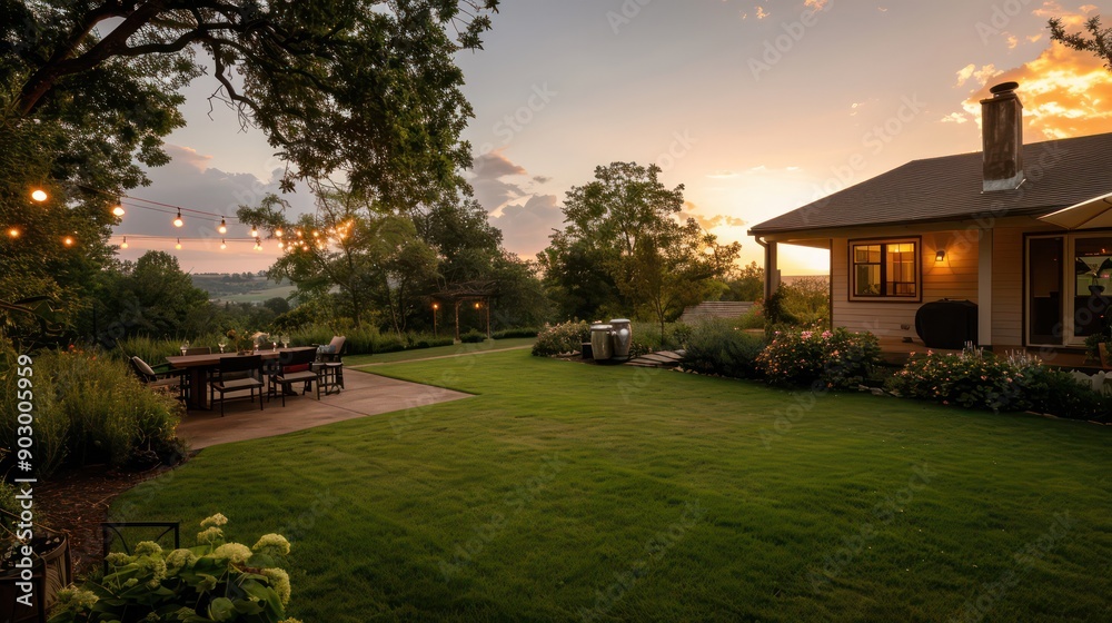Poster a large house with a large yard and a patio with a table and chairs. the yard is lush and green, and