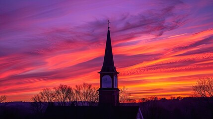 Sunset view with the silhouette of a church steeple, framed by a beautifully colored evening sky.