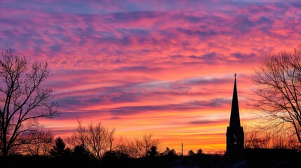 Obraz premium Sunset view with the silhouette of a church steeple, framed by a beautifully colored evening sky.