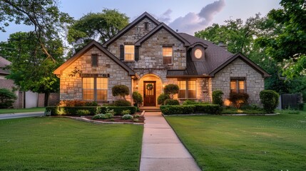 A beautiful stone house with large windows and a well-manicured lawn, set against a clear blue sky on a sunny afternoon