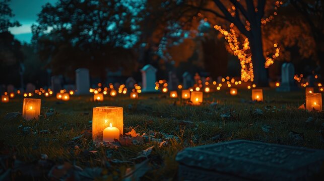 peaceful nighttime scene with a vigil of candles illuminating a cemetery or memorial area, creating a tranquil and contemplative environment.