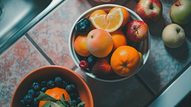 Top view of a bowl filled with fresh fruit, placed on a kitchen counter, showcasing healthy eating