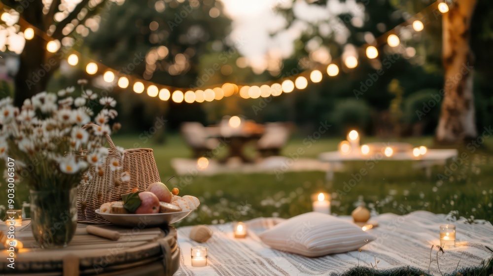 Poster A picnic table with a basket of fruit and a vase of flowers. The table is surrounded by candles and lights, creating a warm and inviting atmosphere