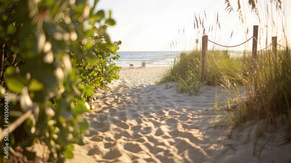 Aufkleber A beach with a path leading to it. The path is lined with grass and there are two chairs on the beach