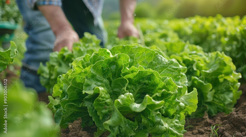 Poster a man is tending to a field of lettuce. the lettuce is green and fresh, and the man is carefully pic