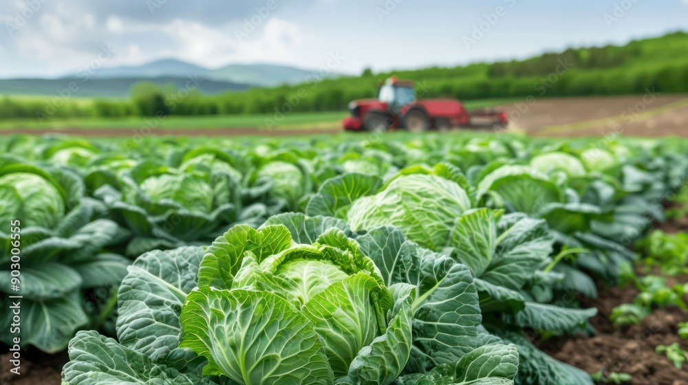 Poster A field of green cabbage is being harvested by a tractor. The field is surrounded by trees and mountains in the background