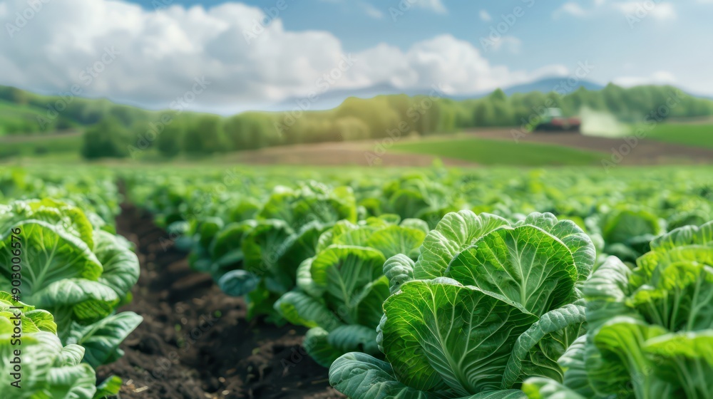 Poster a field of green lettuce is growing in the sun. the field is surrounded by trees and a tractor is sp