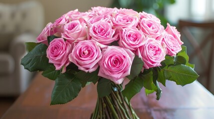 Bouquet of pink roses displayed on the table