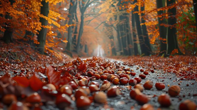  scenic forest path lined with chestnut trees, with fallen chestnuts and colorful autumn leaves covering the ground, creating a picturesque autumn walk.