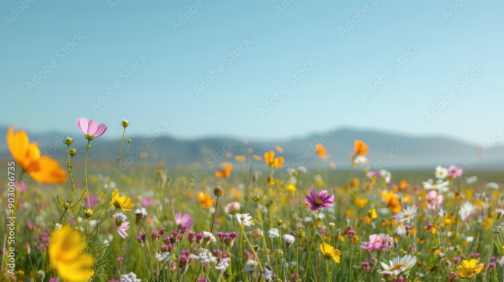 Poster a field of flowers with a blue sky in the background. the flowers are of various colors and sizes, c