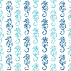 seamless pattern with seahorse maori style. Blue colors