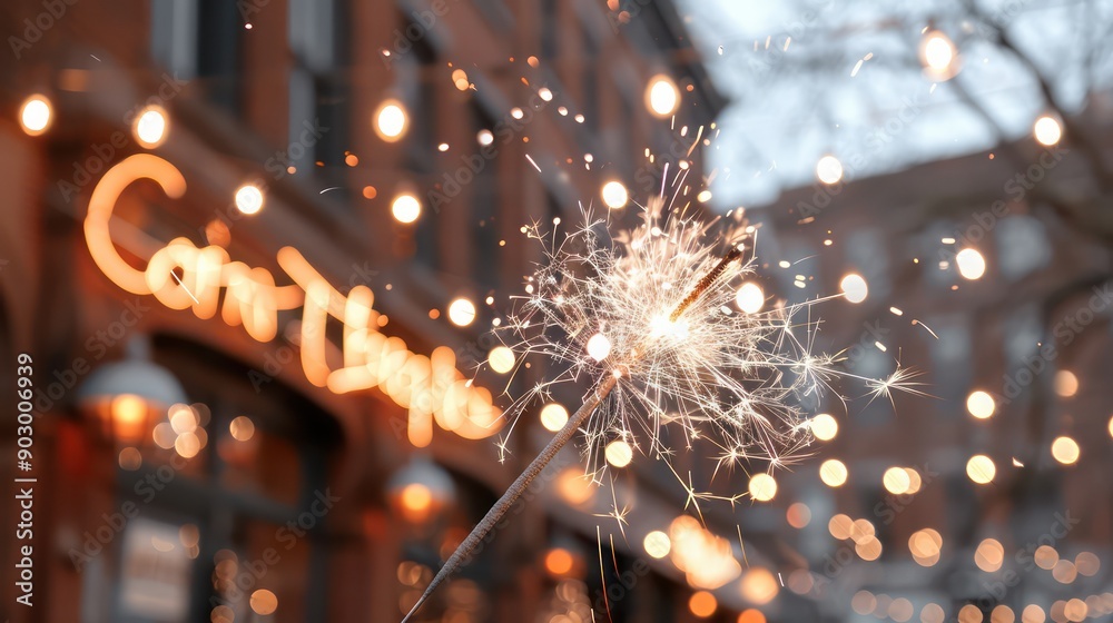 Poster A lit sparkler is in front of a building with a sign that says 