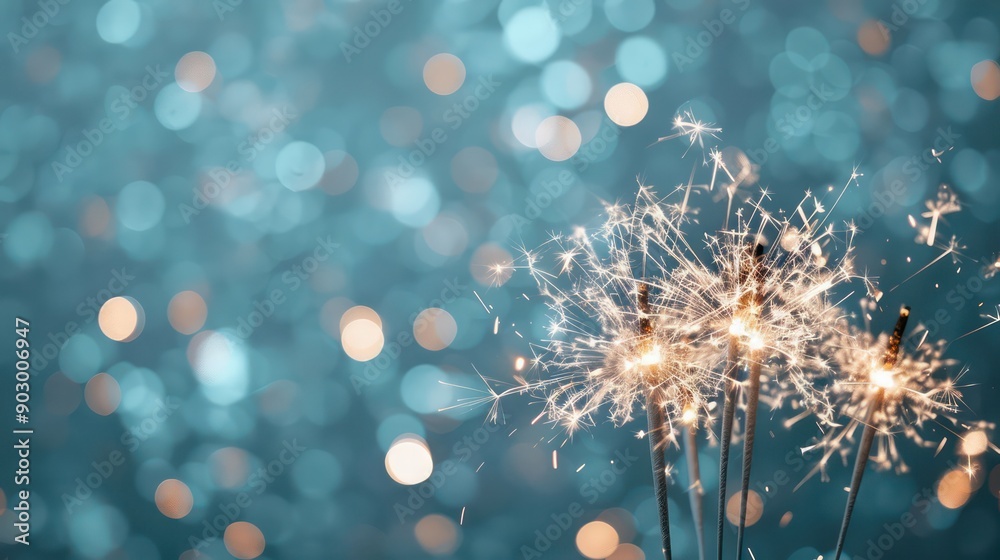 Poster a group of fireworks are lit up against a blue background. the fireworks are lit up in a way that th