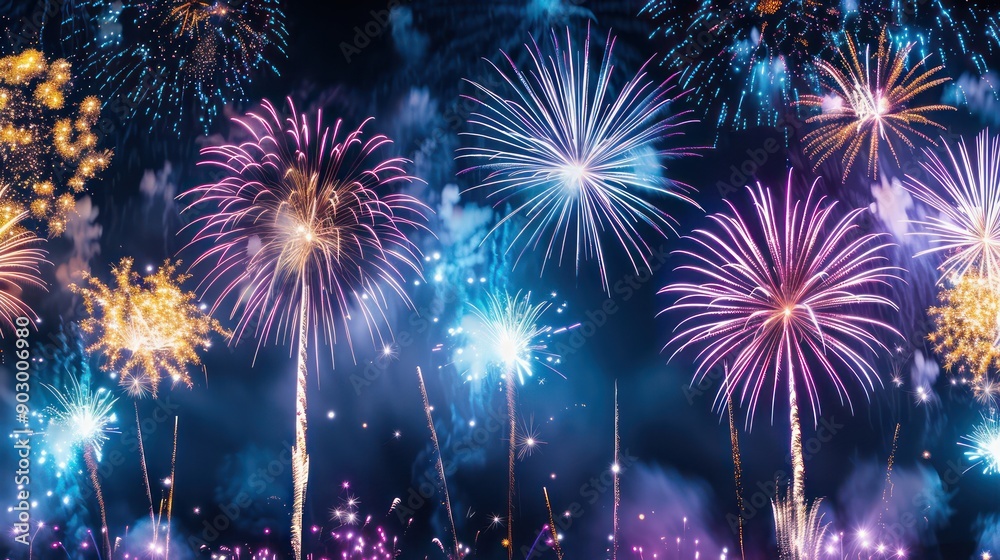 Poster A fireworks display with many different colored fireworks. The fireworks are lit up in the night sky and create a beautiful and festive atmosphere