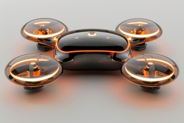 Futuristic black and orange drone design in a minimalistic setup showcasing sleek aesthetics and advanced technology in a studio light setting with reflective surfaces.