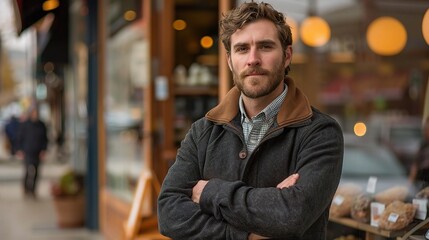 Fototapeta premium Confident Business Owner: A portrait of a confident and successful young entrepreneur standing outside his shop, conveying a sense of ambition, determination, and leadership. 