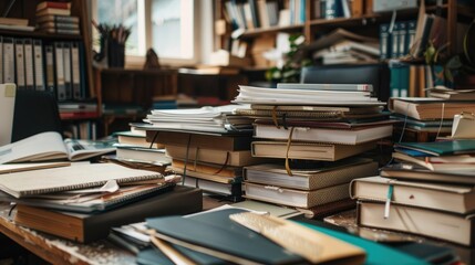 Various folders and binders piled up on an office table, showing a hectic but organized workspace