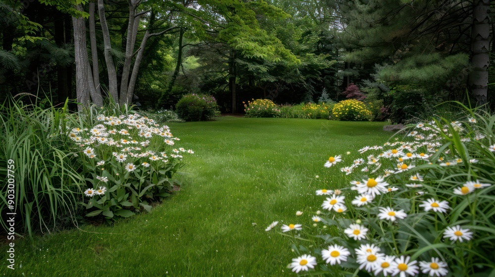 Aufkleber a lush green lawn with a path leading through it and a row of white flowers. the flowers are scatter