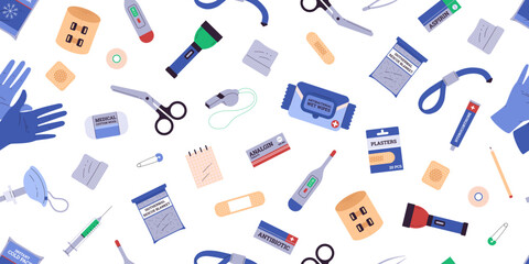 First aid kit. Seamless pattern.