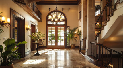Minimalist traditional interior of a hallway room in a house. Entrance hall of a two-story house with a luxurious design.