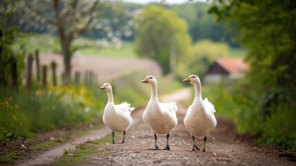 Obraz premium Three white geese walk down a dirt road. The road is surrounded by a field of yellow flowers