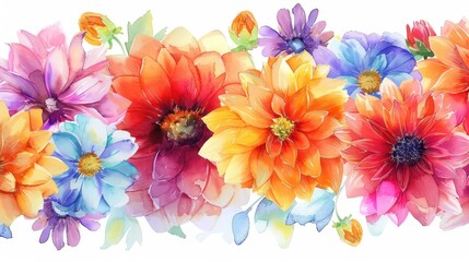 Watercolor artwork with vibrant flower elements, perfect for botanical backgrounds, invitations, postcards, and prints.